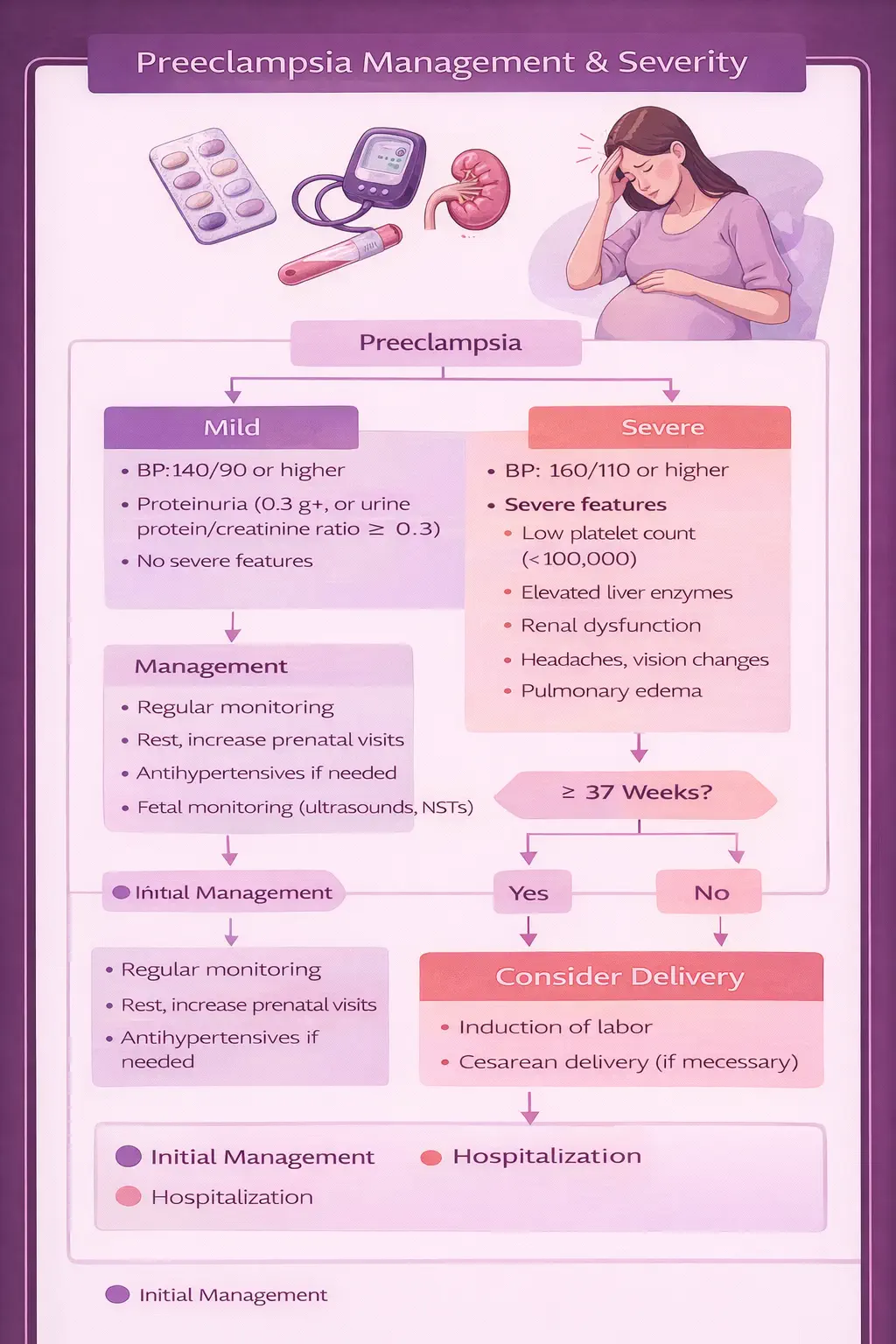 Preeclampsia severity classification flowchart - diagnostic criteria branching into non-severe and severe management pathways with delivery timing
